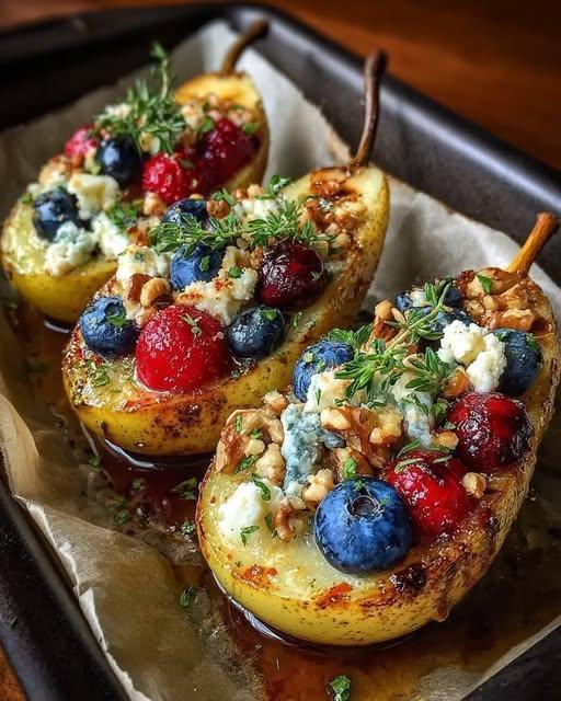Mediterranean Baked Pears with Honey, Fresh Berries, Walnuts & Feta Crumble