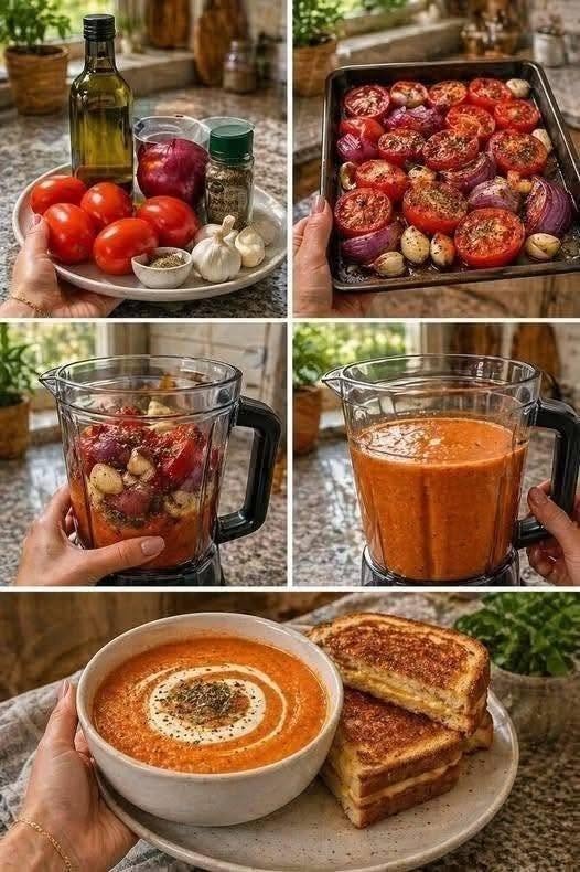 Roasted Tomato Basil Soup with Grilled Cheese