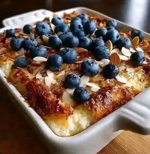 Blueberry-Almond Croissant French Toast Casserole..